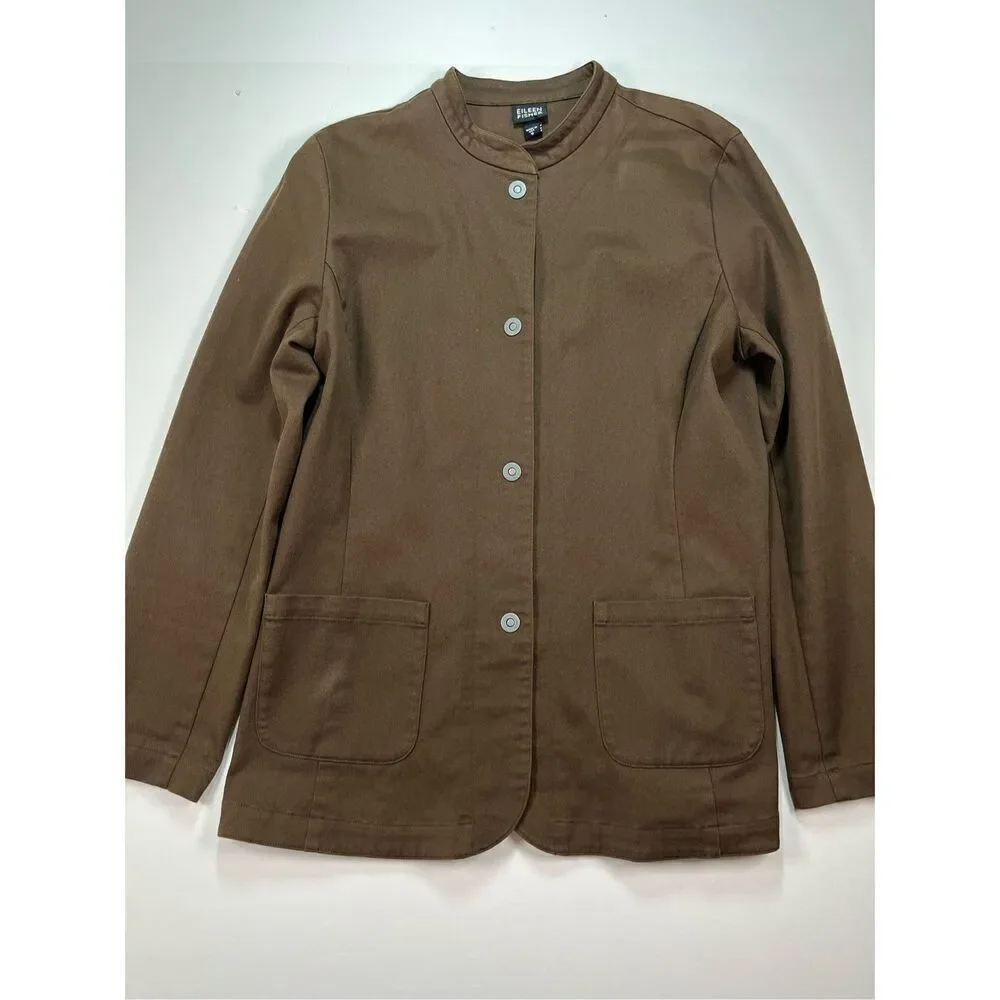 Eileen Fisher Brown Metal Snap Mandarin Collar Blazer Jacket Front Size Small